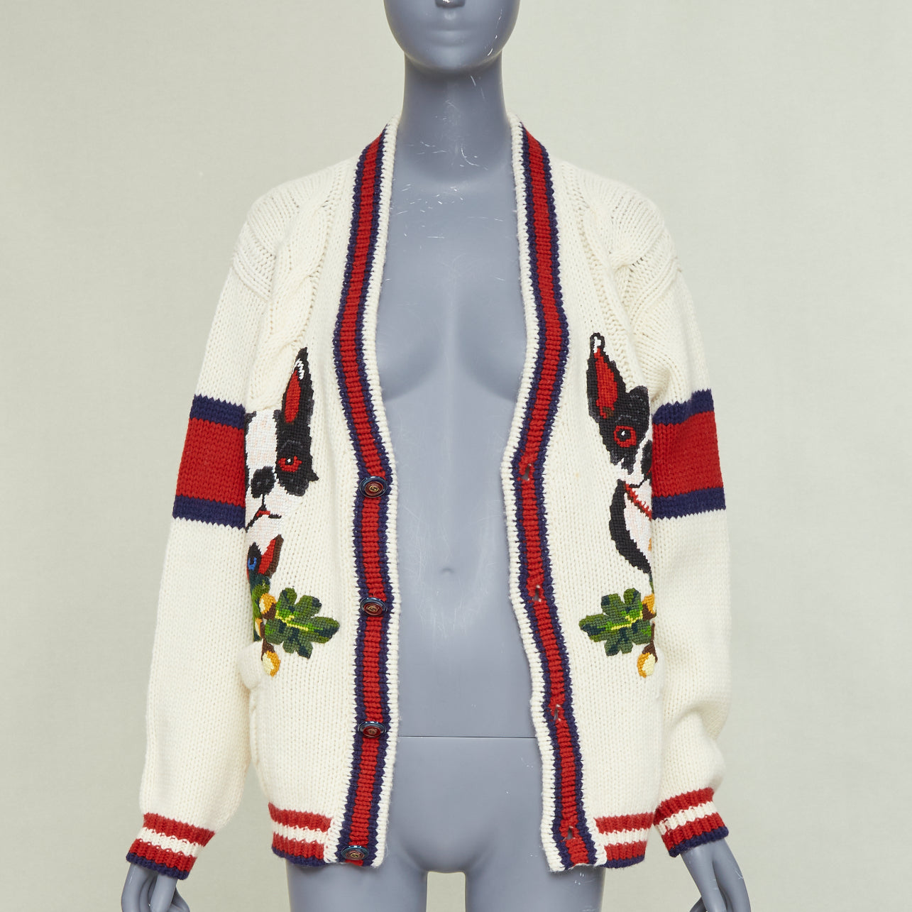 Women's Gucci Bosco Orso Dog Bulldog red cream wool needlepoint cardigan