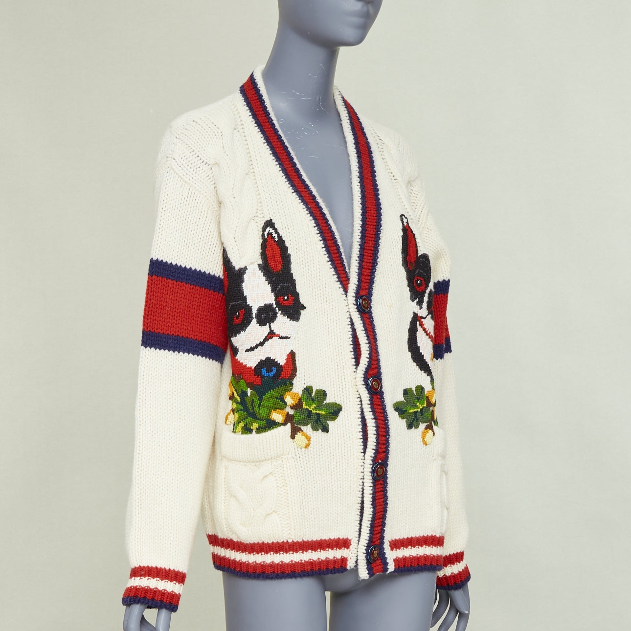 Women's Gucci Bosco Orso Dog Bulldog red cream wool needlepoint cardigan