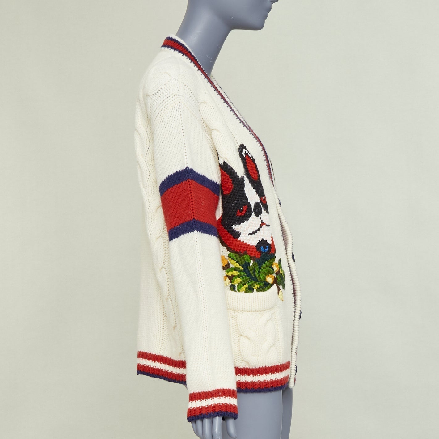 Women's Gucci Bosco Orso Dog Bulldog red cream wool needlepoint cardigan