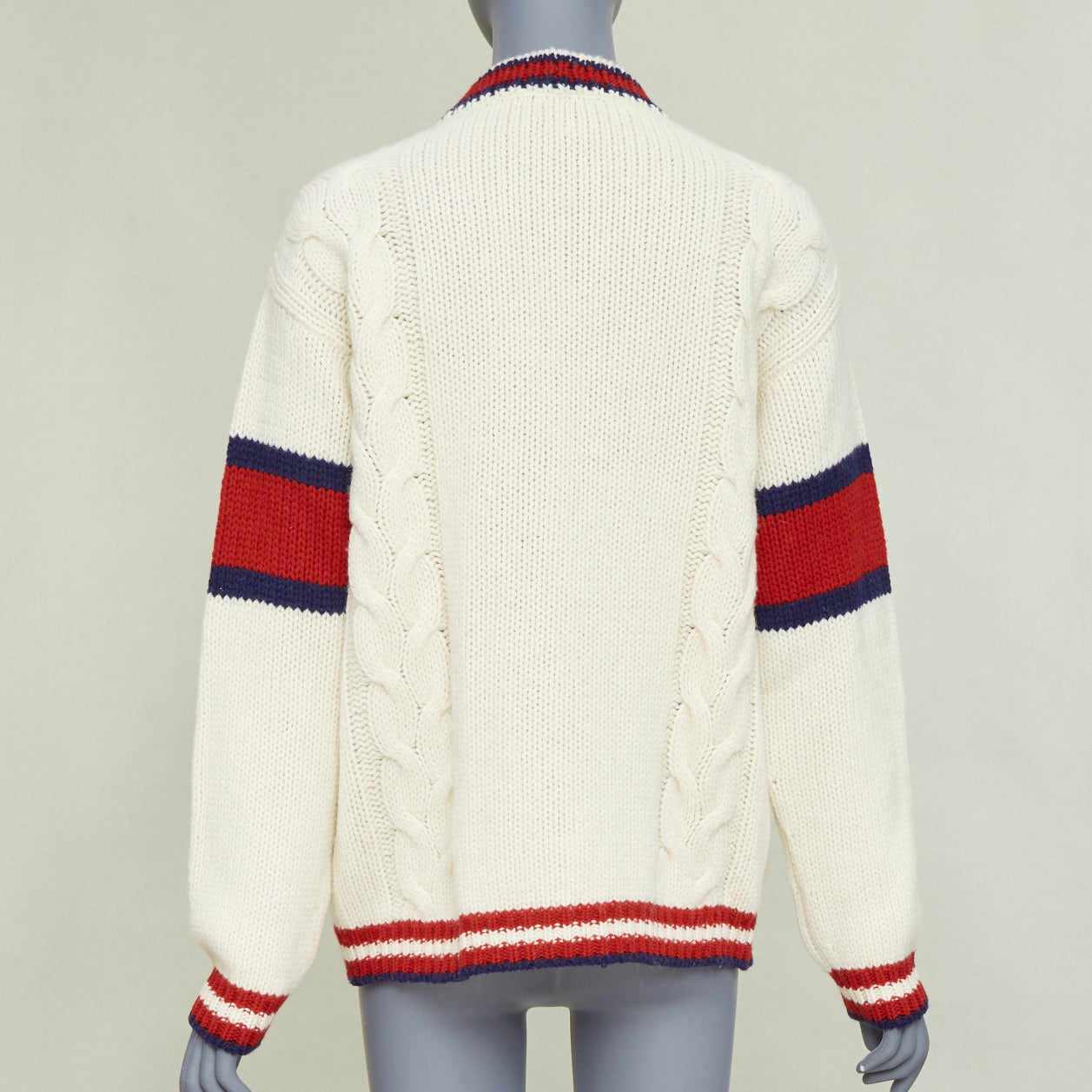 Women's Gucci Bosco Orso Dog Bulldog red cream wool needlepoint cardigan