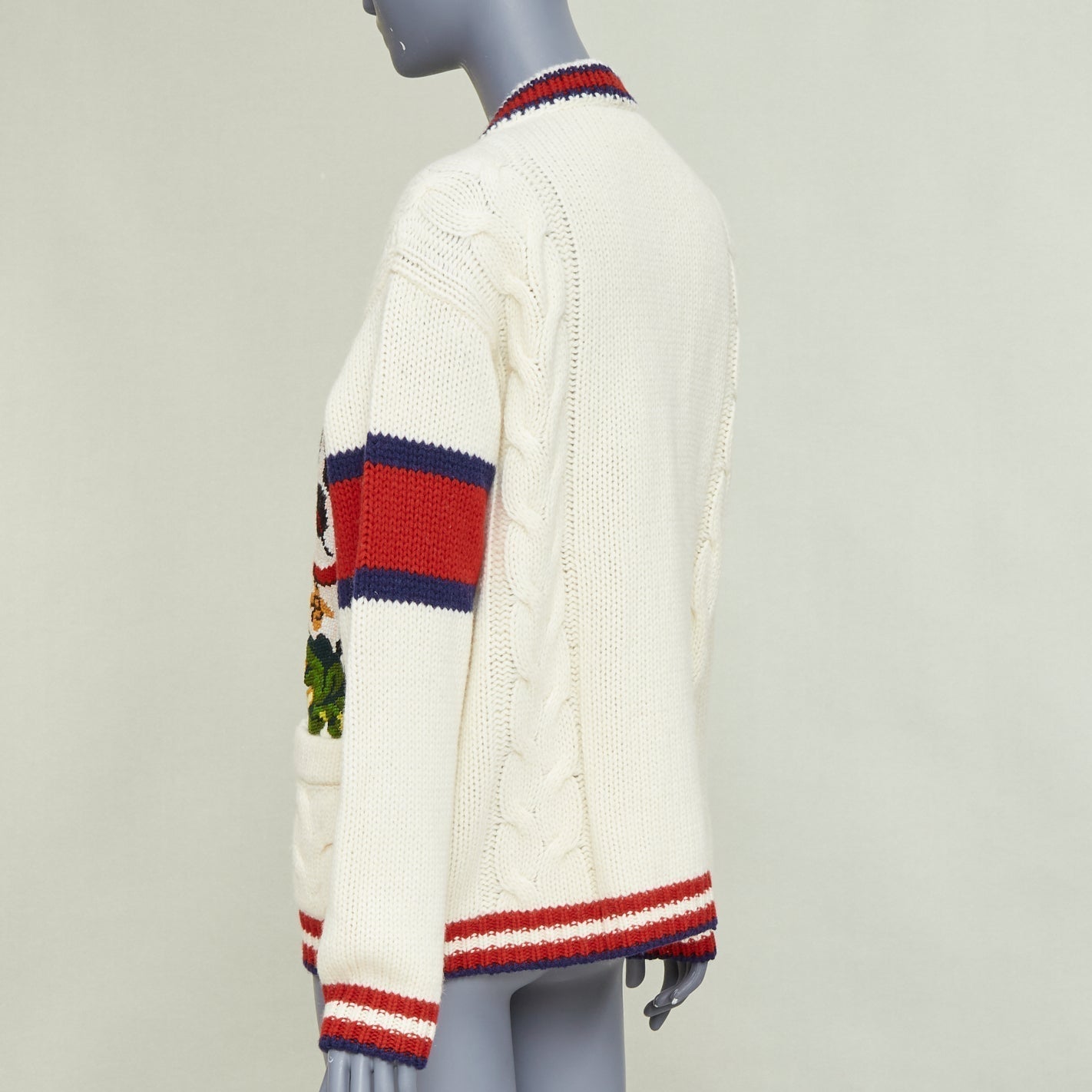 Women's Gucci Bosco Orso Dog Bulldog red cream wool needlepoint cardigan