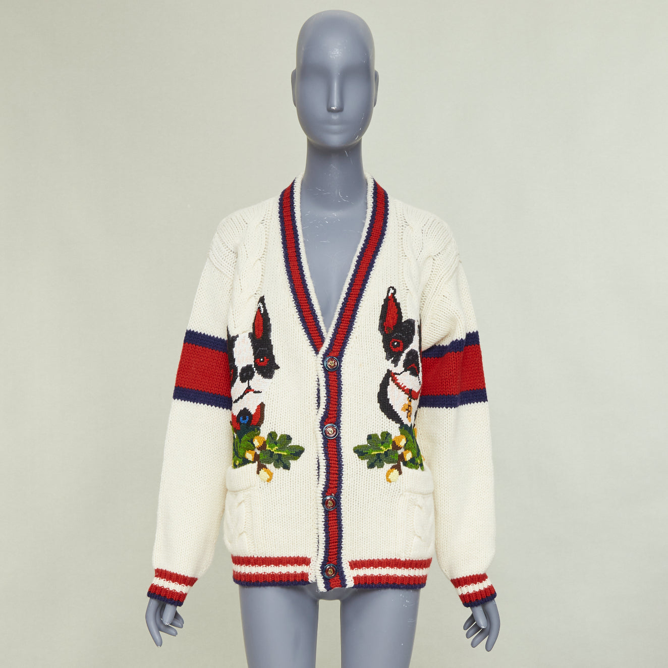 Women's Gucci Bosco Orso Dog Bulldog red cream wool needlepoint cardigan