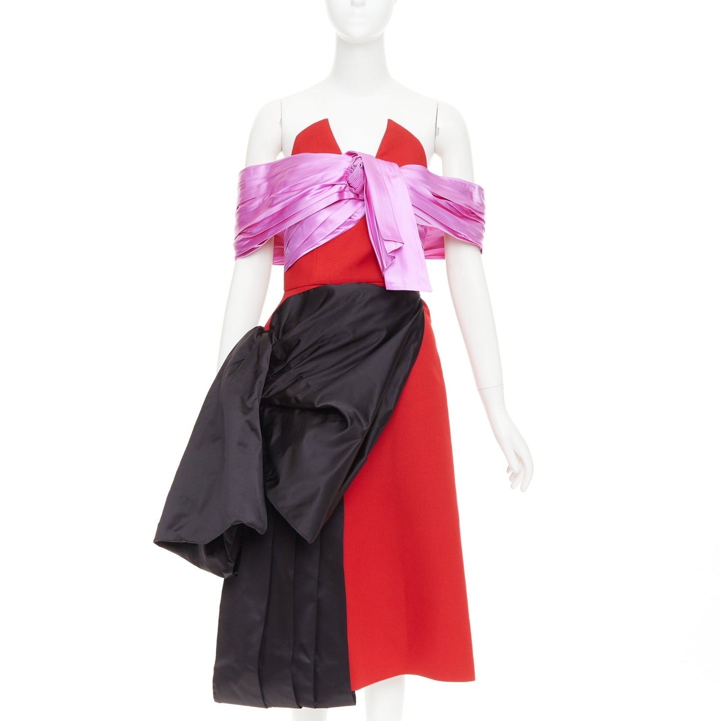 Women's Prada red pink black virgin wool satin sash bustier dress