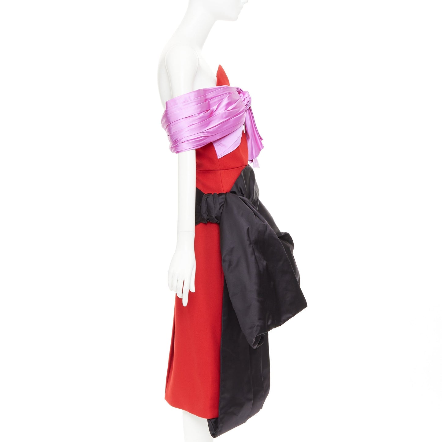 Women's Prada red pink black virgin wool satin sash bustier dress