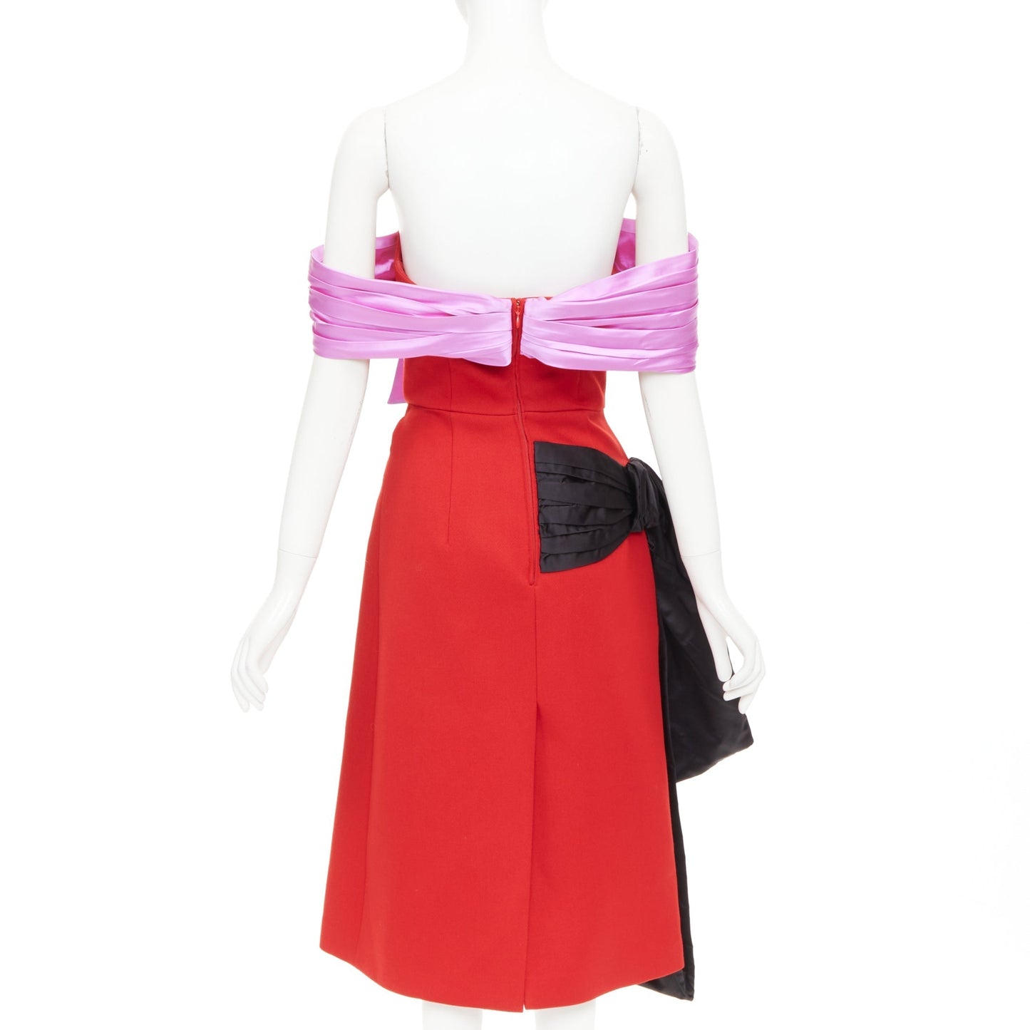 Women's Prada red pink black virgin wool satin sash bustier dress