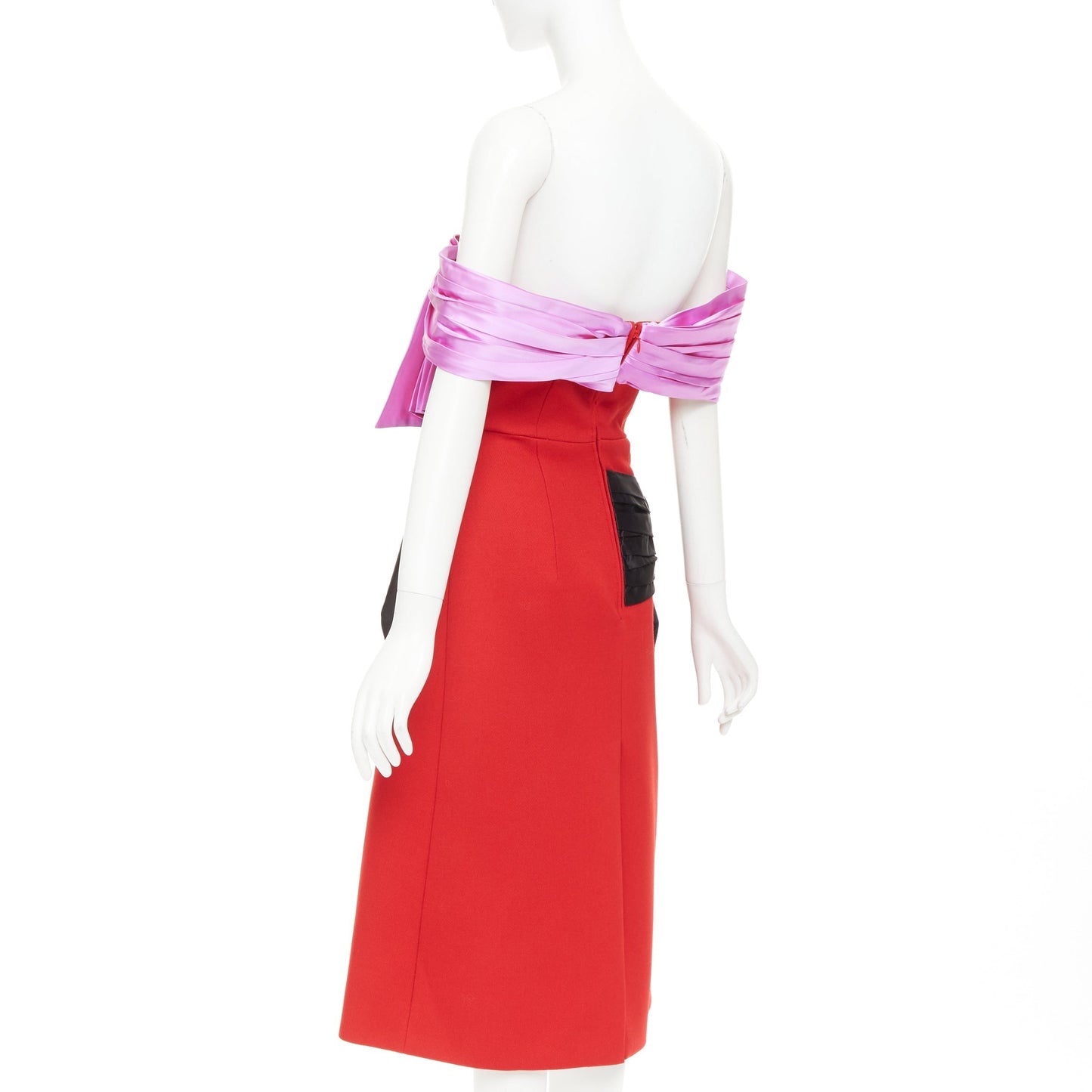 Women's Prada red pink black virgin wool satin sash bustier dress