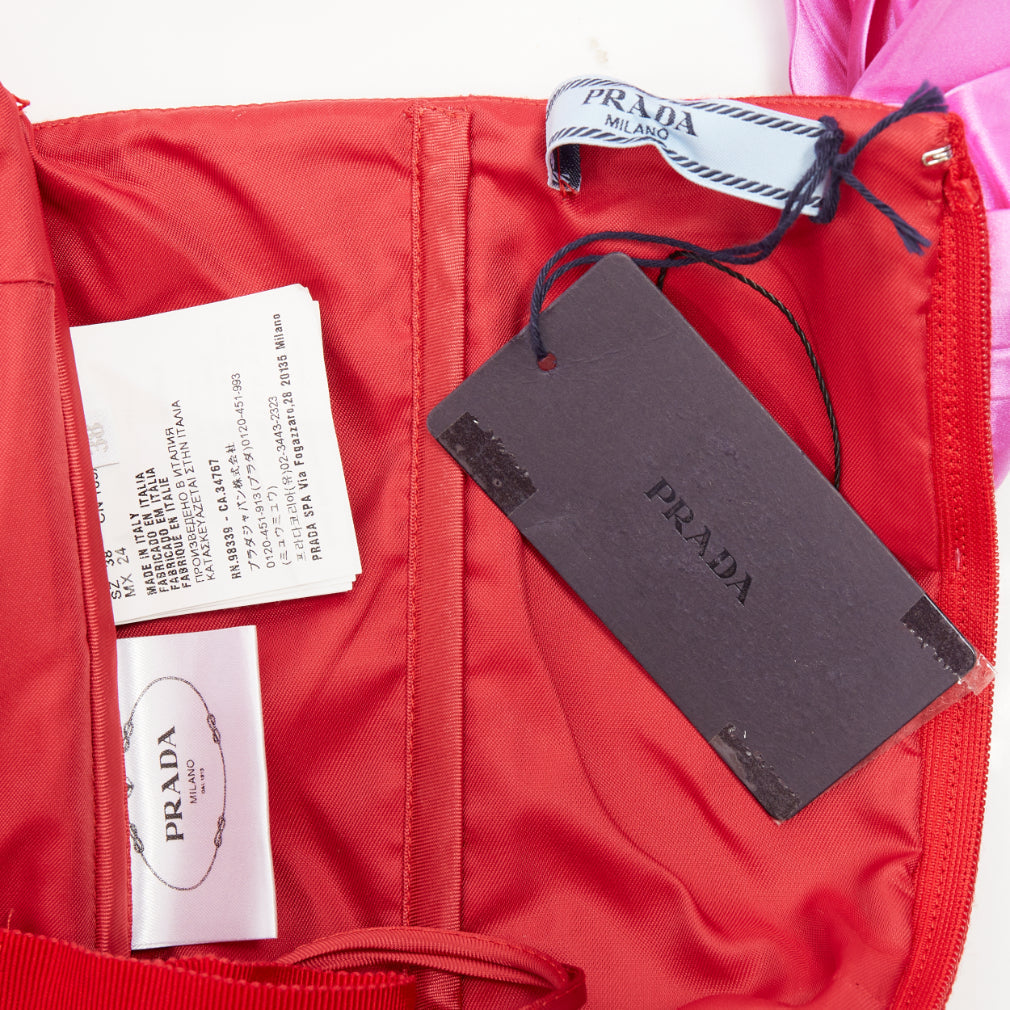 Women's Prada red pink black virgin wool satin sash bustier dress
