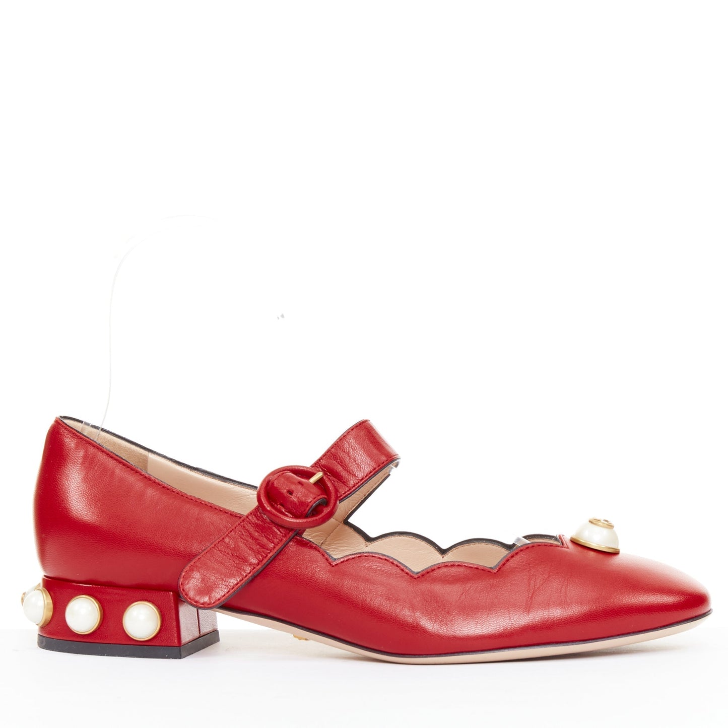 Women's Gucci Willow red calf leather GG pearl embellished flats shoes
