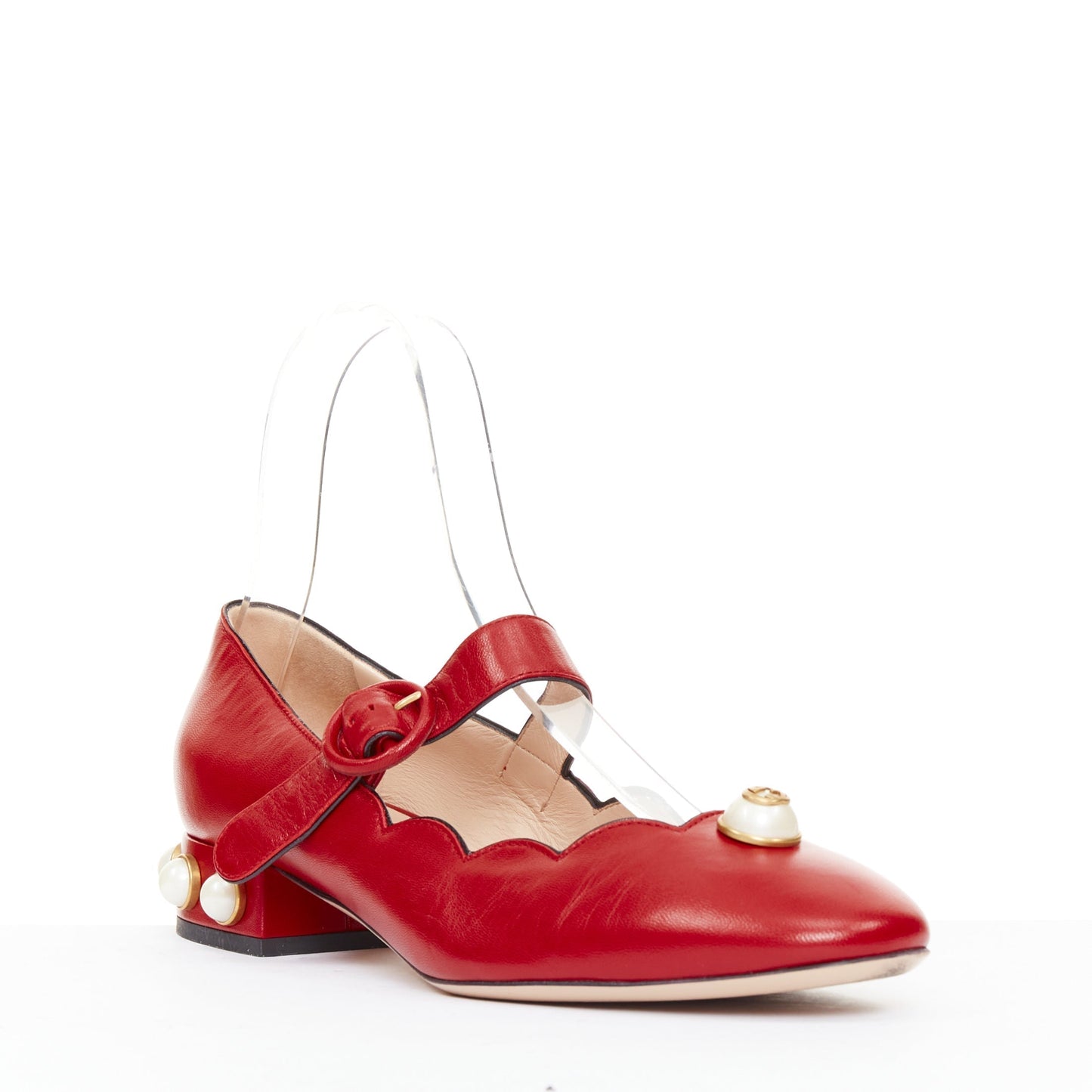 Women's Gucci Willow red calf leather GG pearl embellished flats shoes