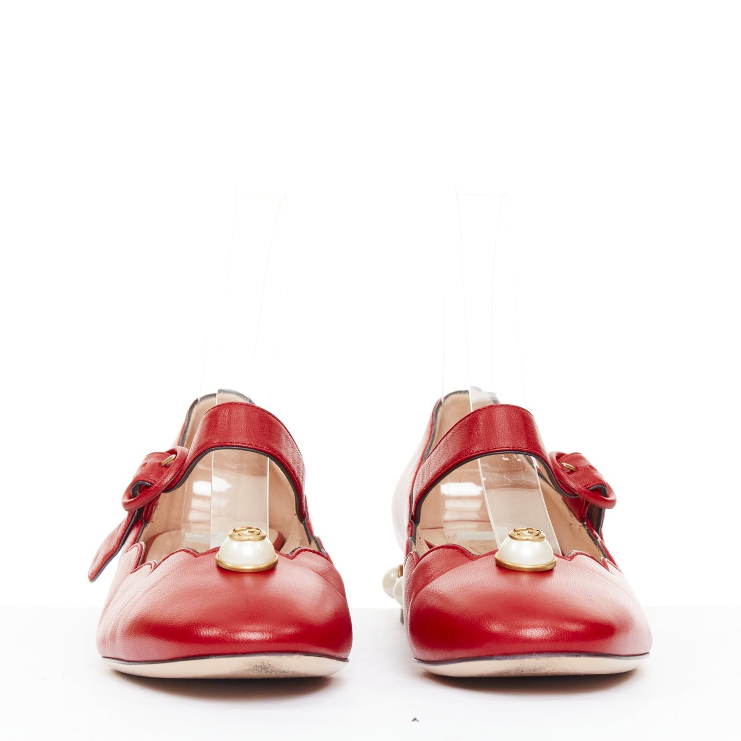 Women's Gucci Willow red calf leather GG pearl embellished flats shoes