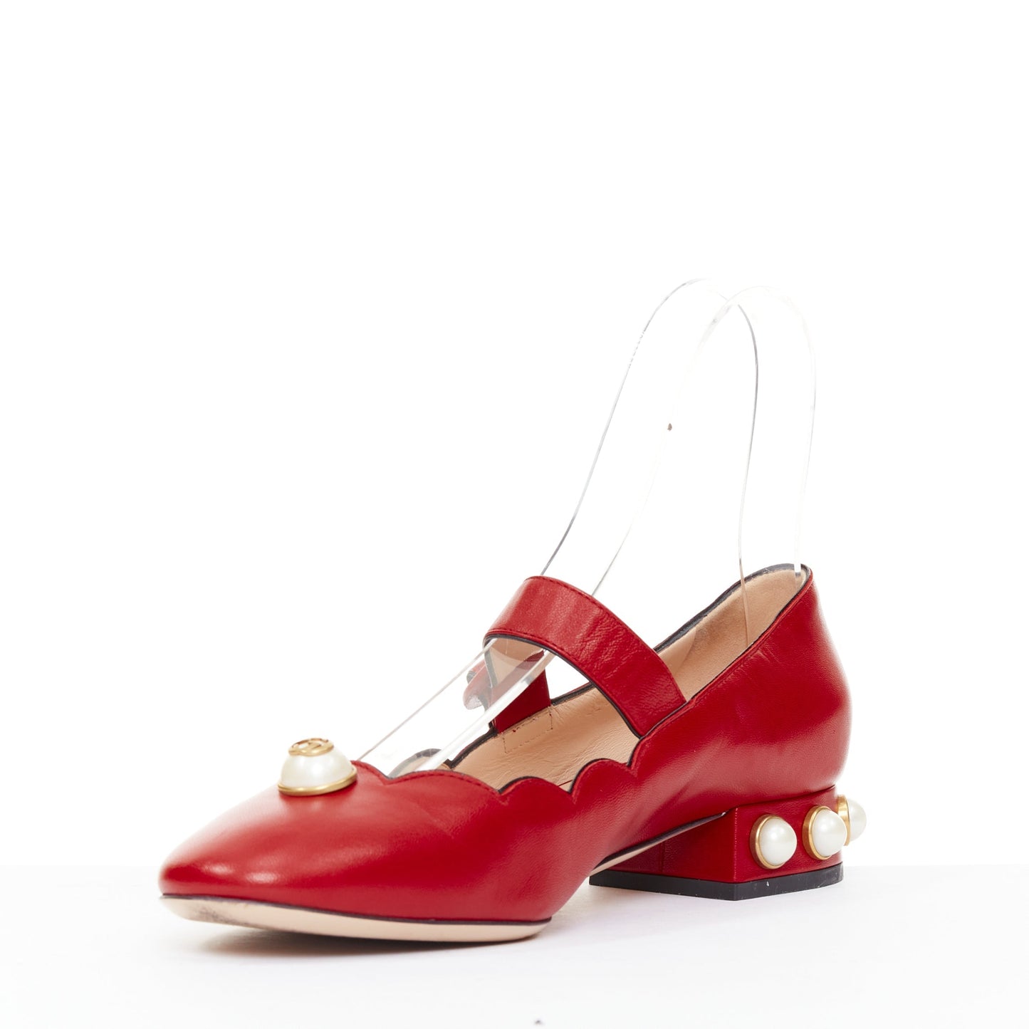 Women's Gucci Willow red calf leather GG pearl embellished flats shoes