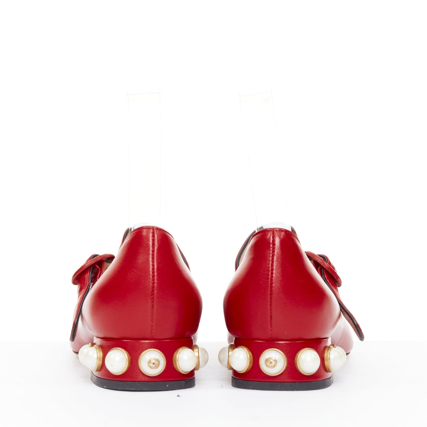 Women's Gucci Willow red calf leather GG pearl embellished flats shoes