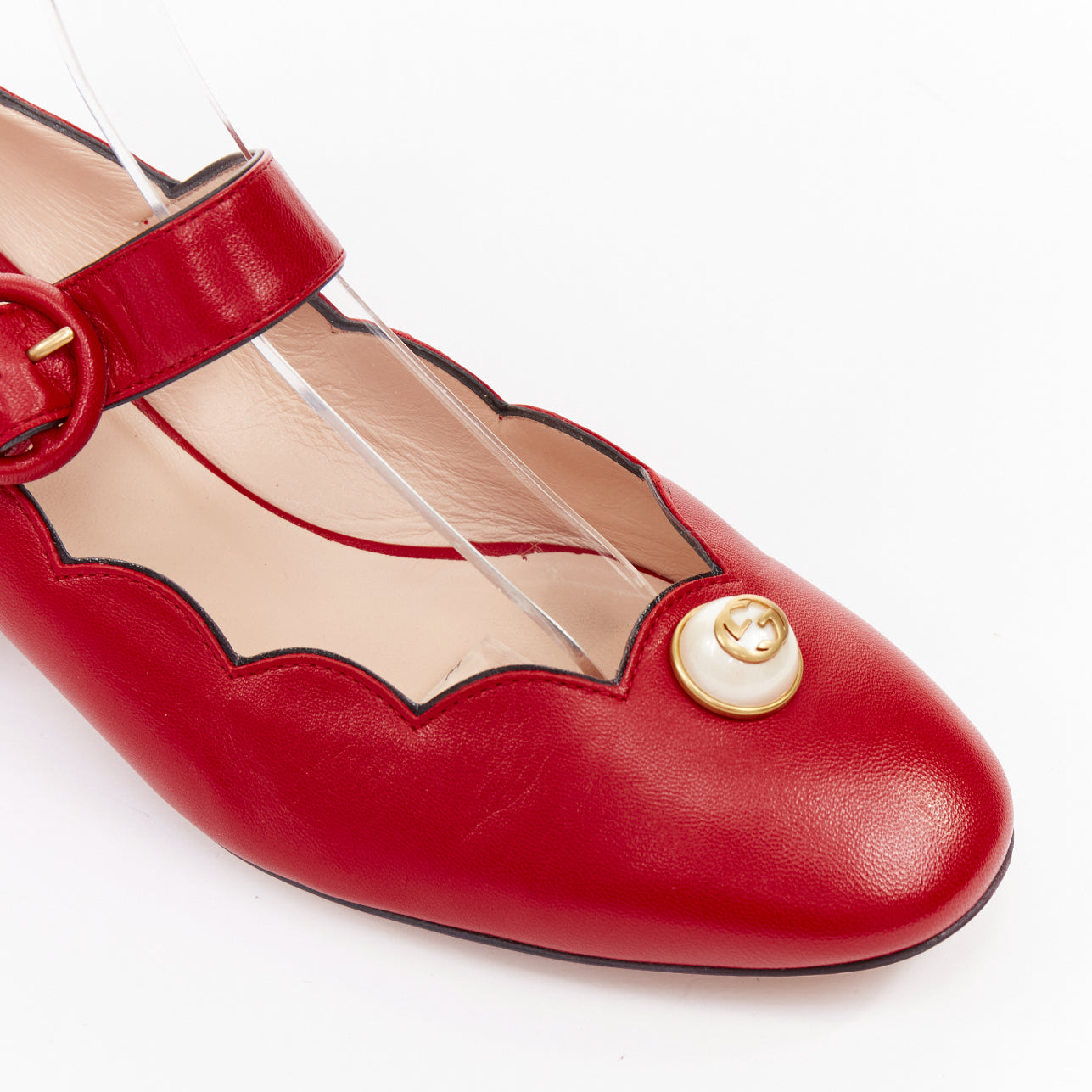 Women's Gucci Willow red calf leather GG pearl embellished flats shoes