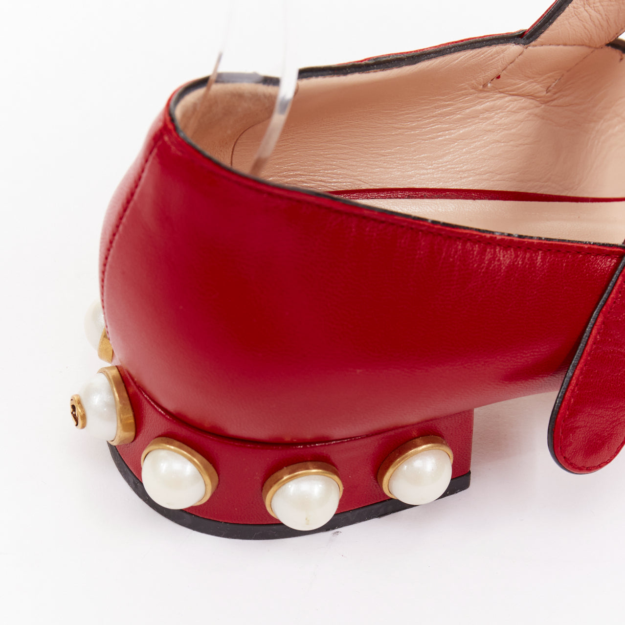 Women's Gucci Willow red calf leather GG pearl embellished flats shoes