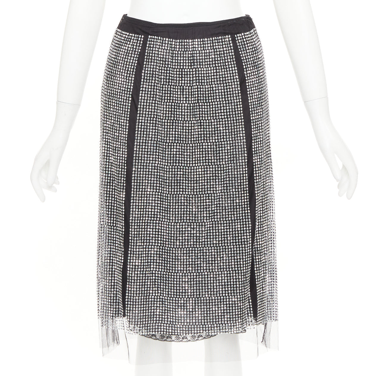 Women's Prada silver crystal black mesh triangle cut out lace knee skirt