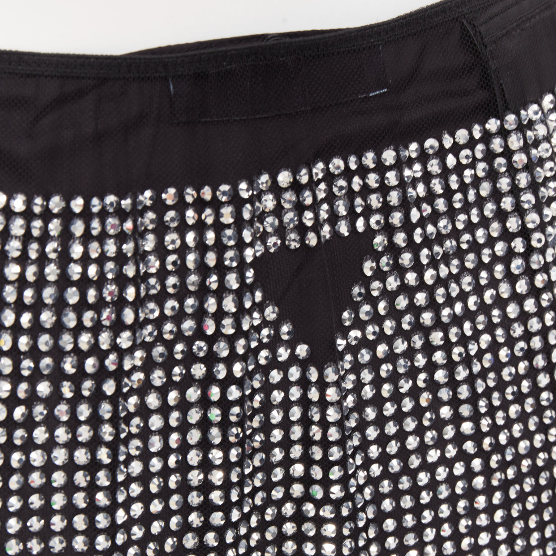 Women's Prada silver crystal black mesh triangle cut out lace knee skirt