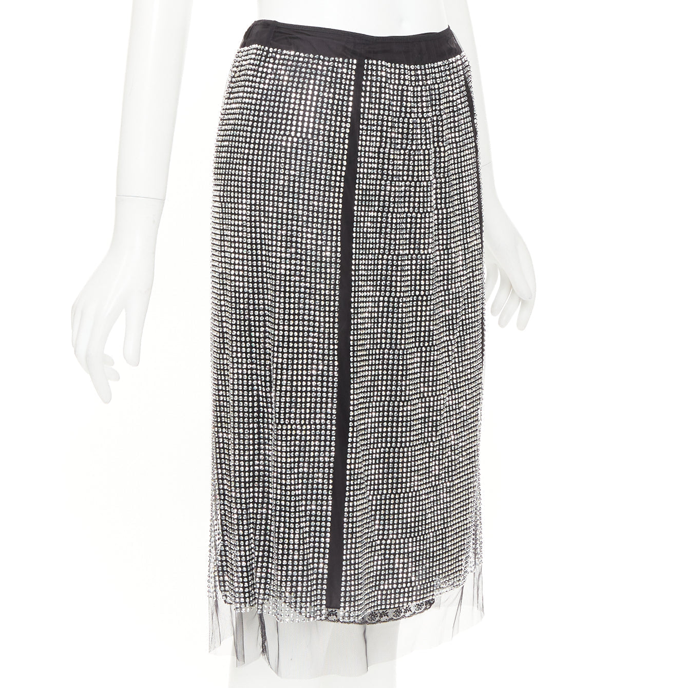 Women's Prada silver crystal black mesh triangle cut out lace knee skirt
