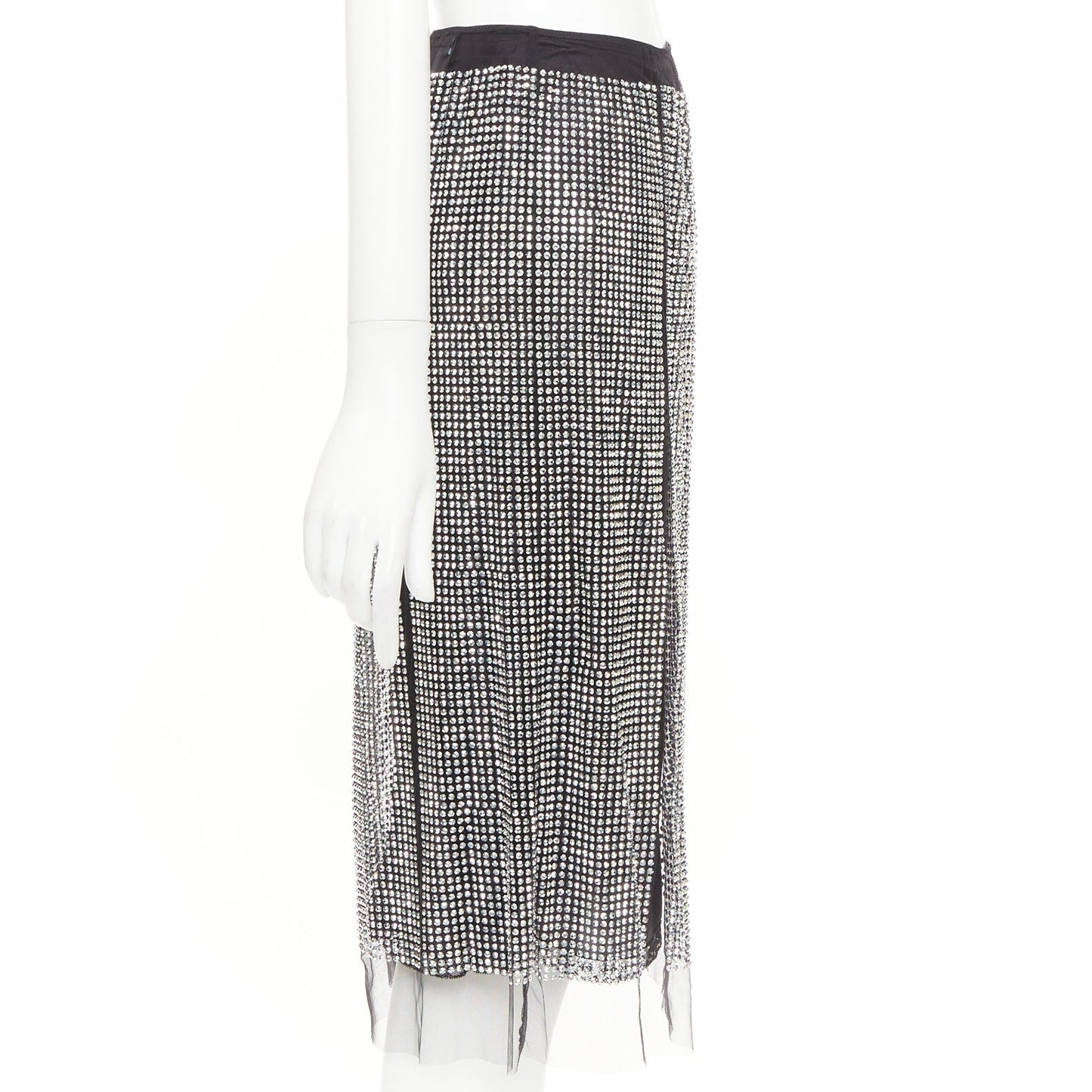 Women's Prada silver crystal black mesh triangle cut out lace knee skirt