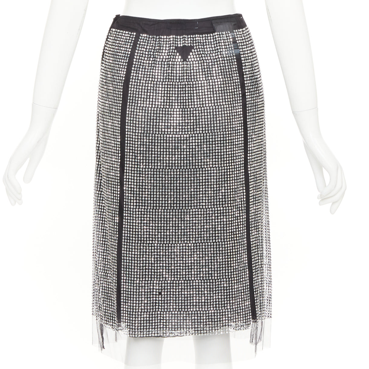 Women's Prada silver crystal black mesh triangle cut out lace knee skirt