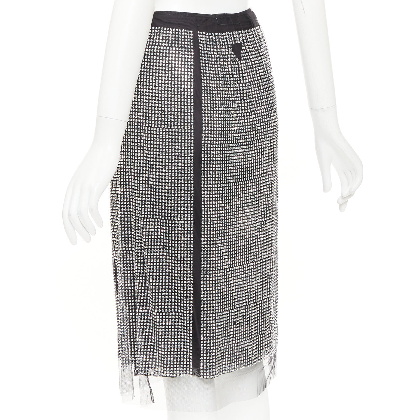 Women's Prada silver crystal black mesh triangle cut out lace knee skirt