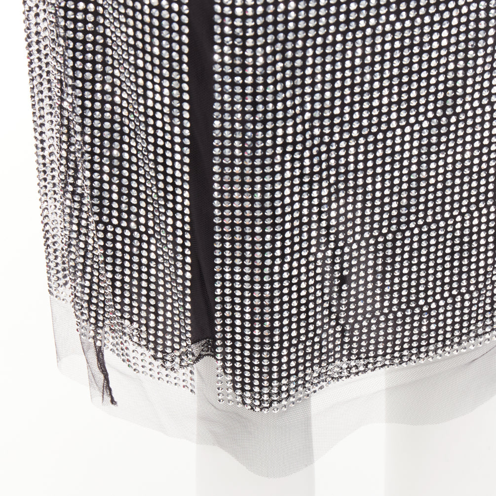 Women's Prada silver crystal black mesh triangle cut out lace knee skirt