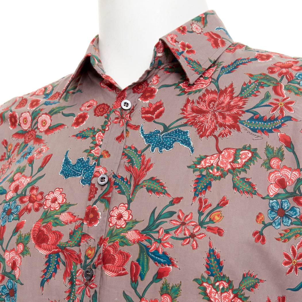 Men's Gucci red brown floral cotton button down shirt