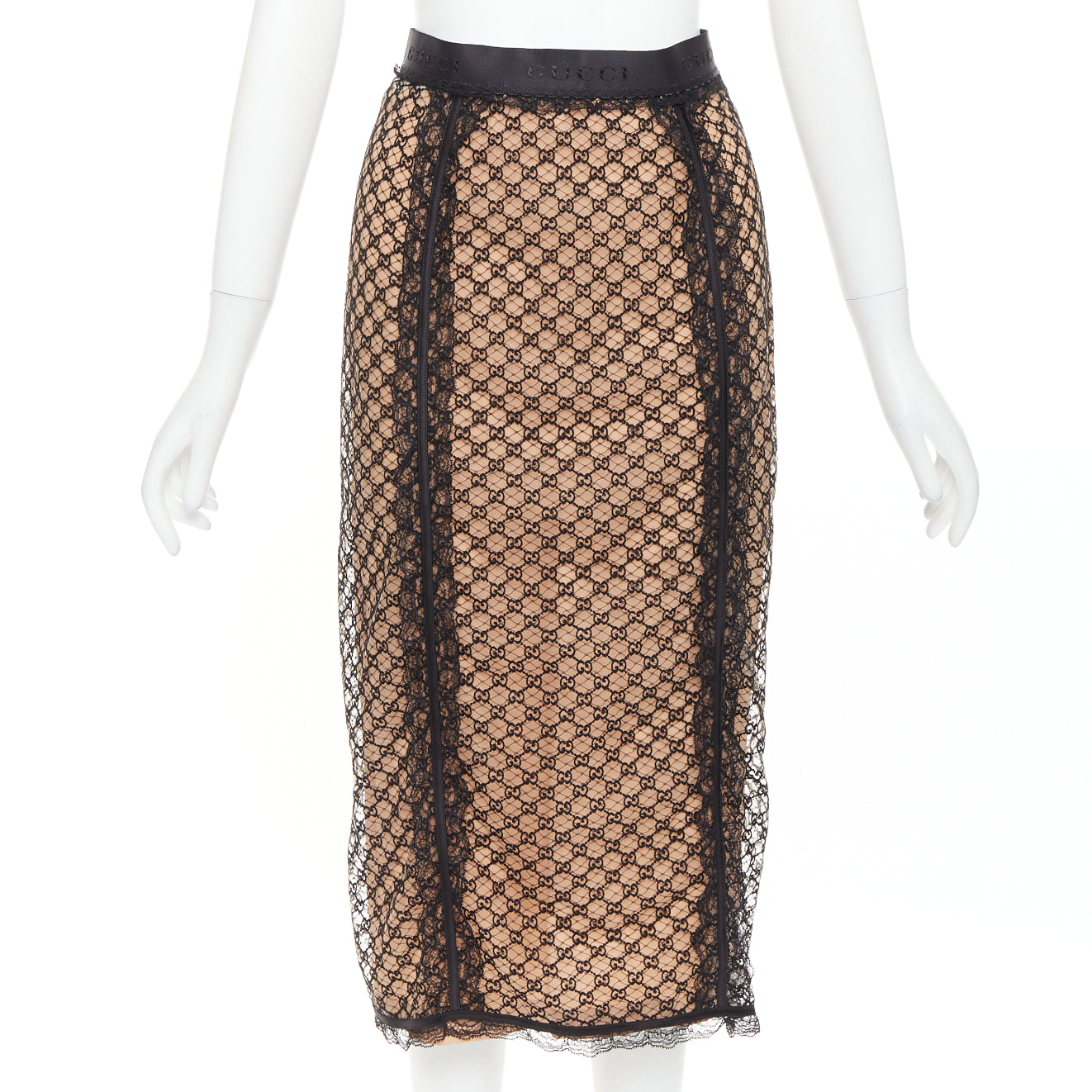 Women's Gucci Aria black nude GG mesh lace lingerie midi skirt