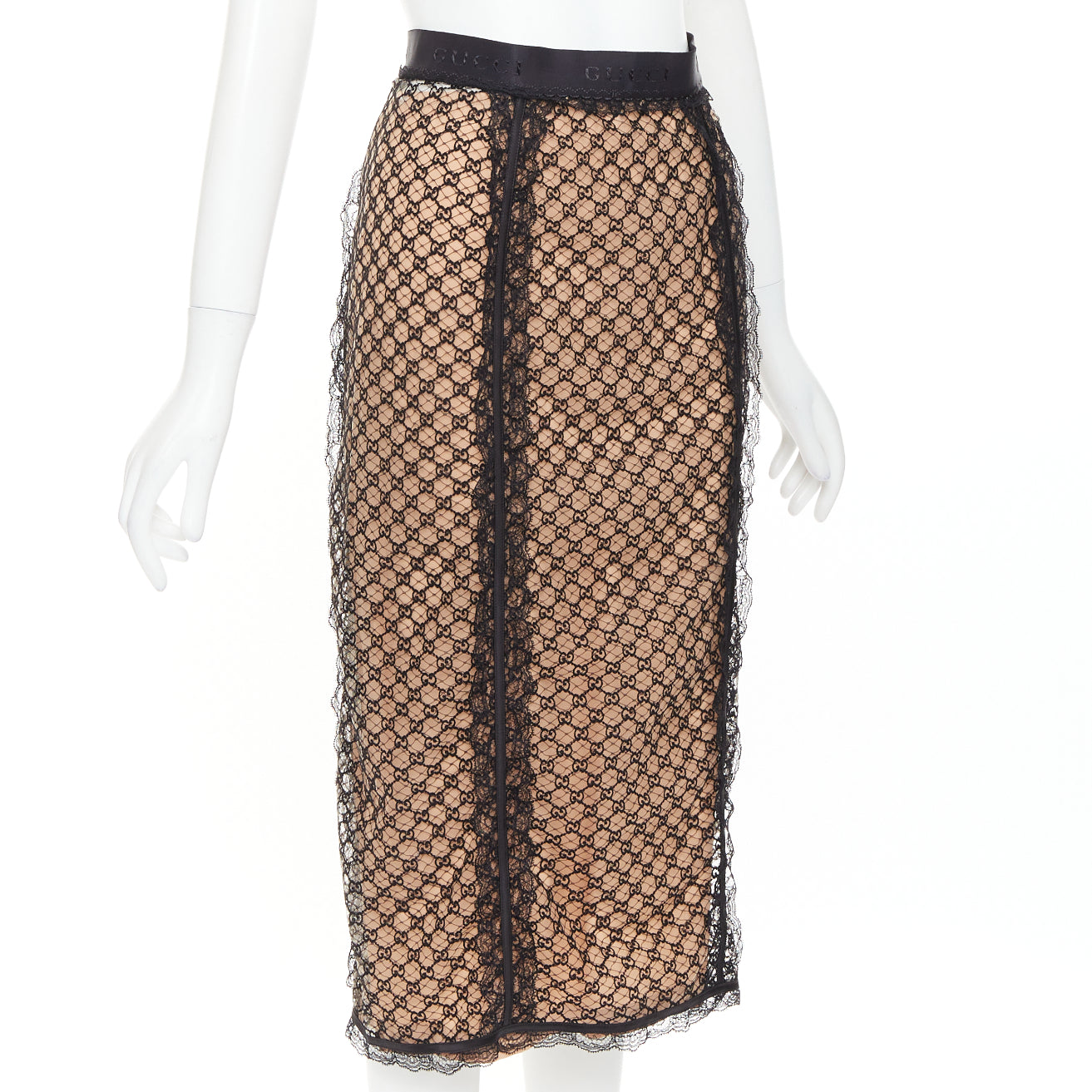 Women's Gucci Aria black nude GG mesh lace lingerie midi skirt