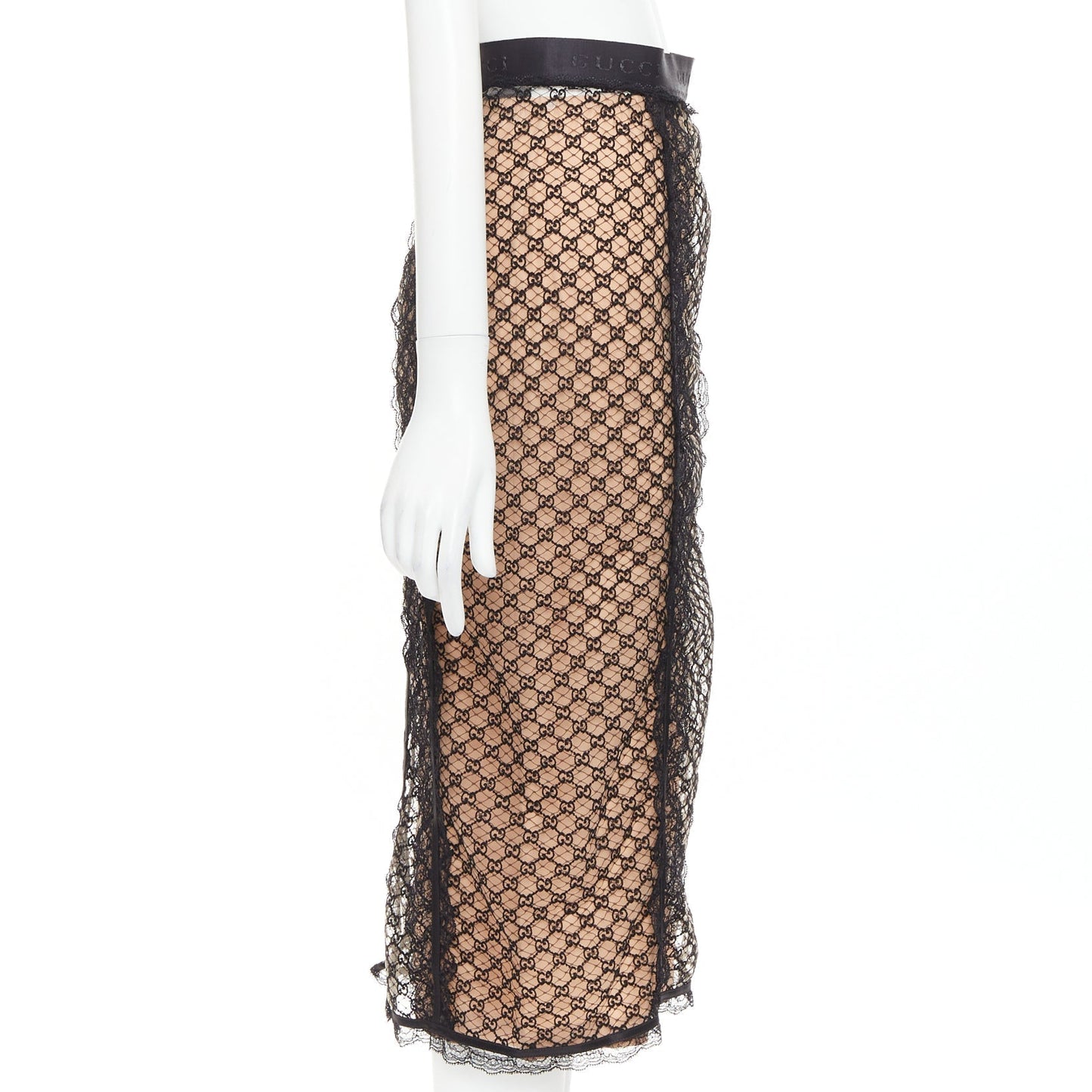 Women's Gucci Aria black nude GG mesh lace lingerie midi skirt