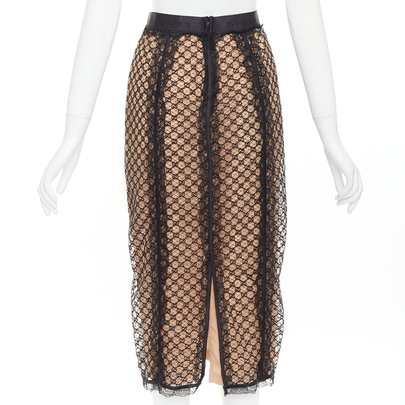 Women's Gucci Aria black nude GG mesh lace lingerie midi skirt