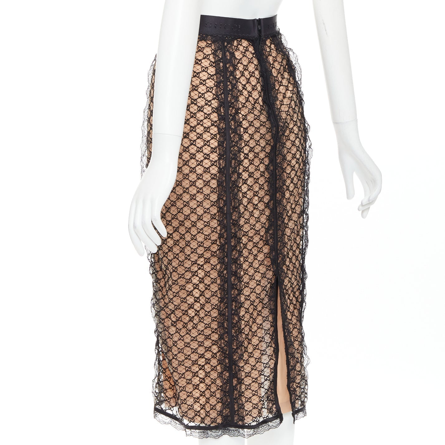 Women's Gucci Aria black nude GG mesh lace lingerie midi skirt