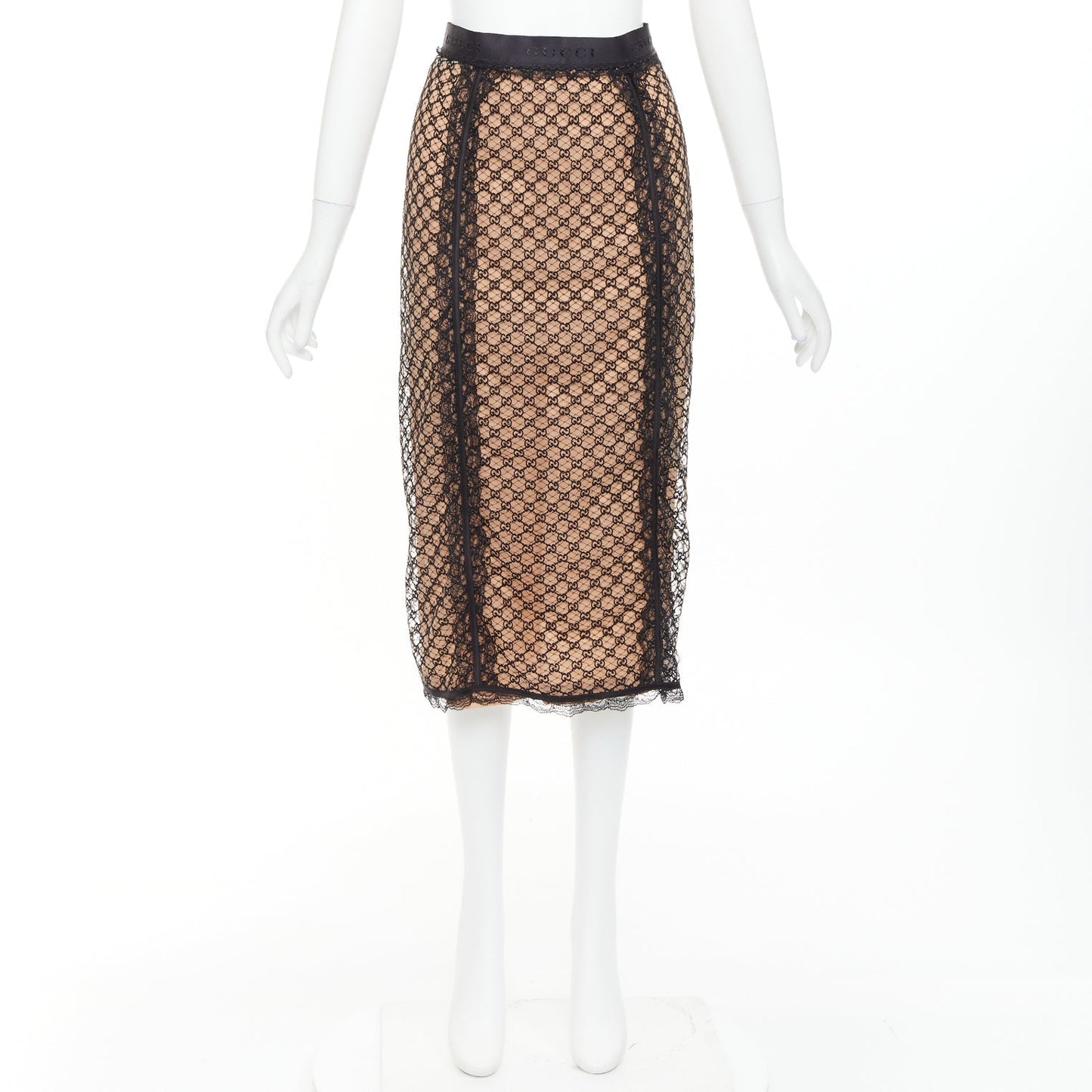Women's Gucci Aria black nude GG mesh lace lingerie midi skirt