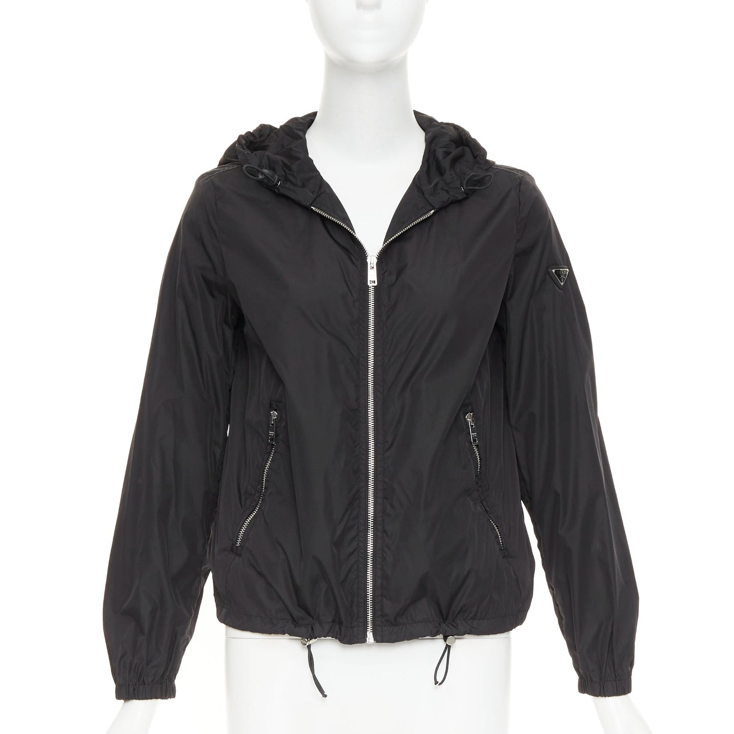 Women's Prada Re-Nylon black silver triangle logo hooded windbreaker
