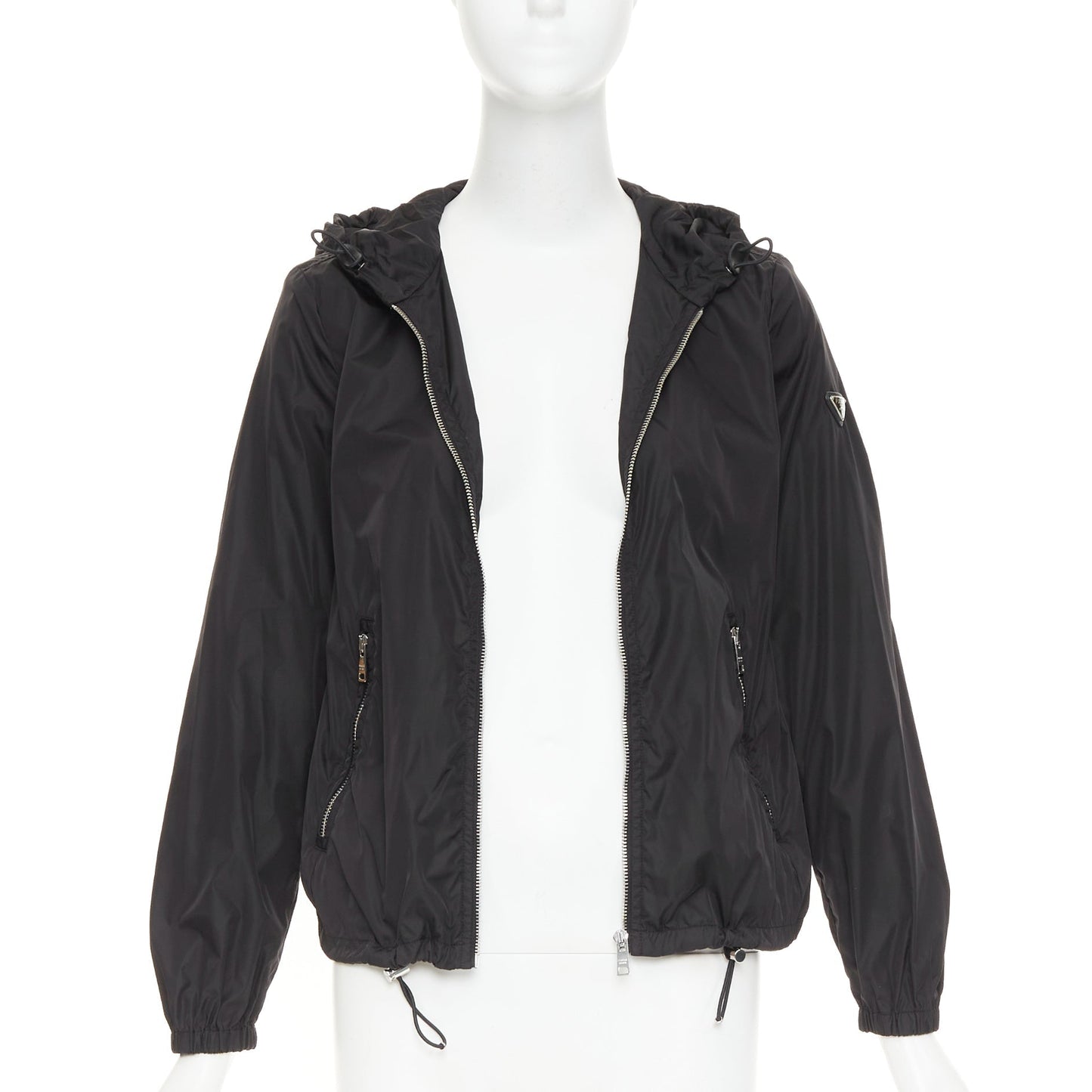 Women's Prada Re-Nylon black silver triangle logo hooded windbreaker
