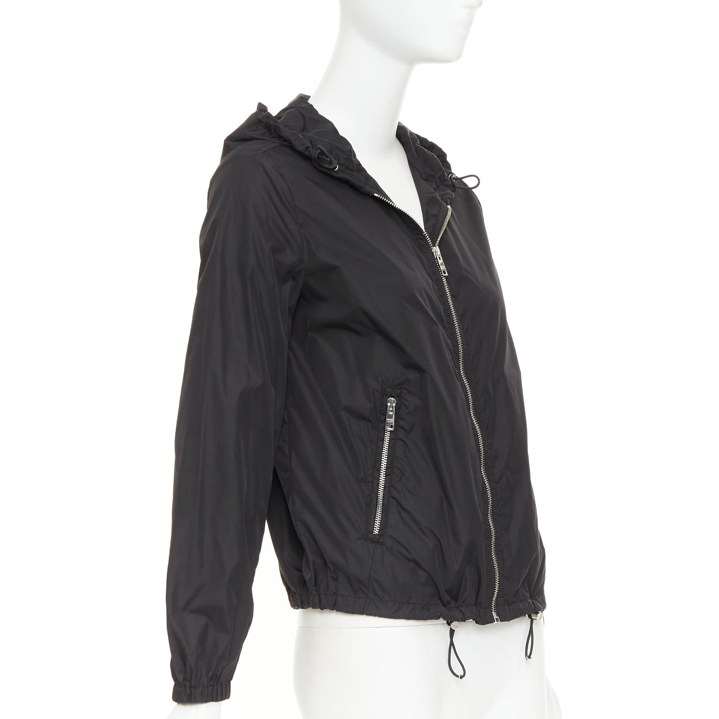 Women's Prada Re-Nylon black silver triangle logo hooded windbreaker