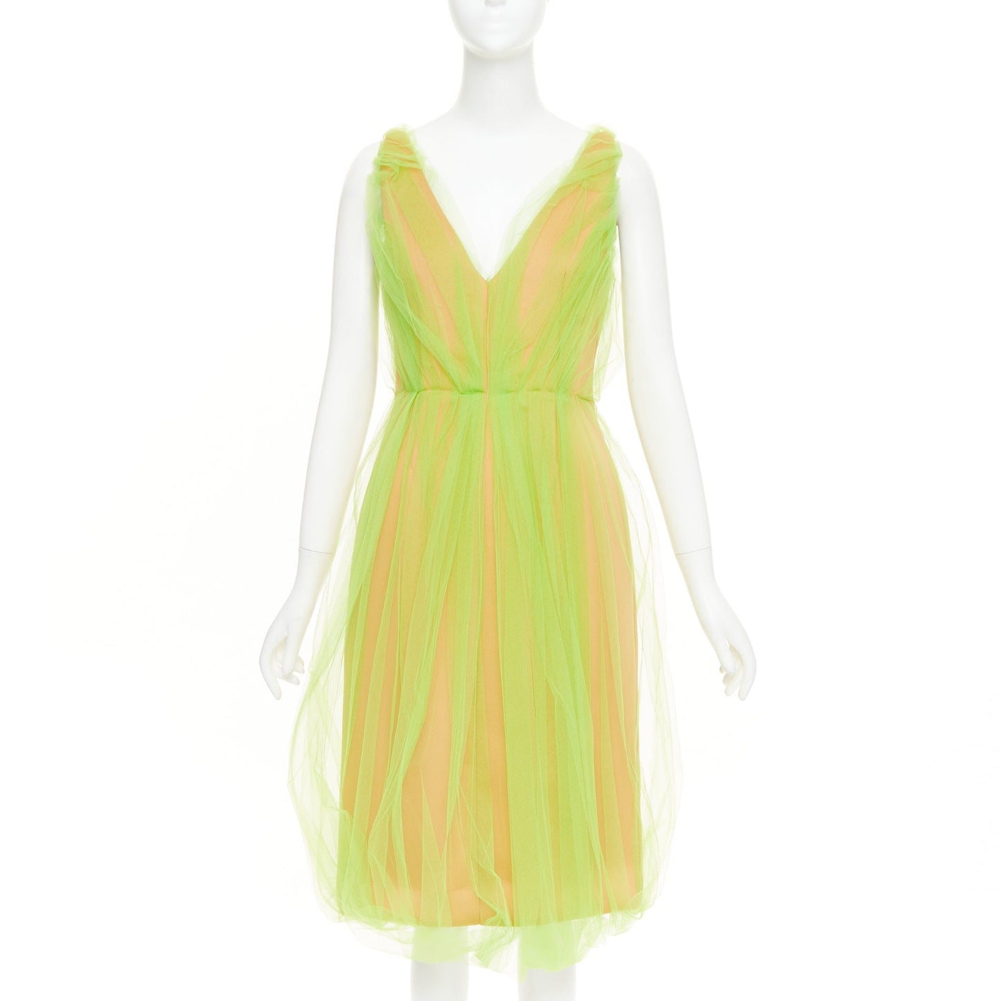 Women's Prada Neon Technical Tulle Overlay V-Neck dress