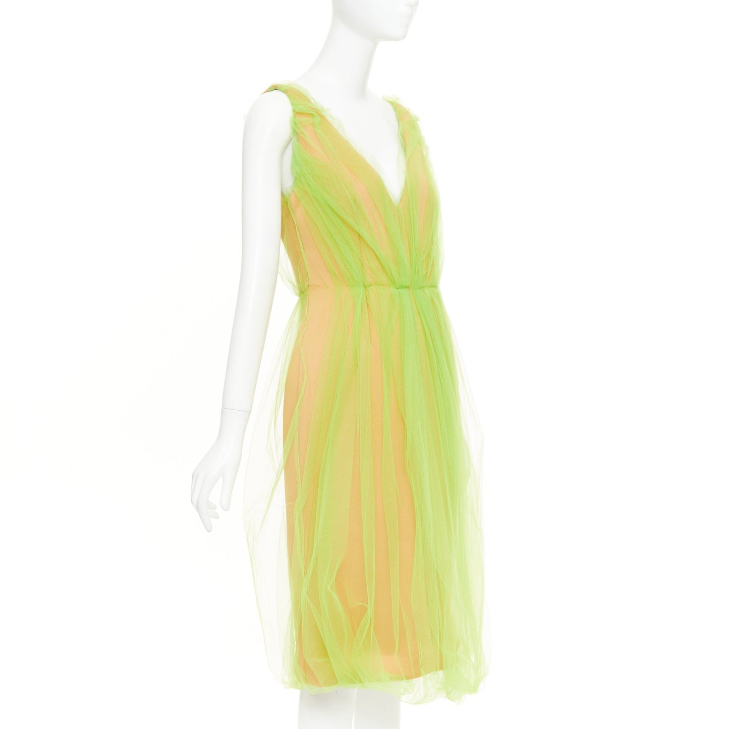 Women's Prada Neon Technical Tulle Overlay V-Neck dress