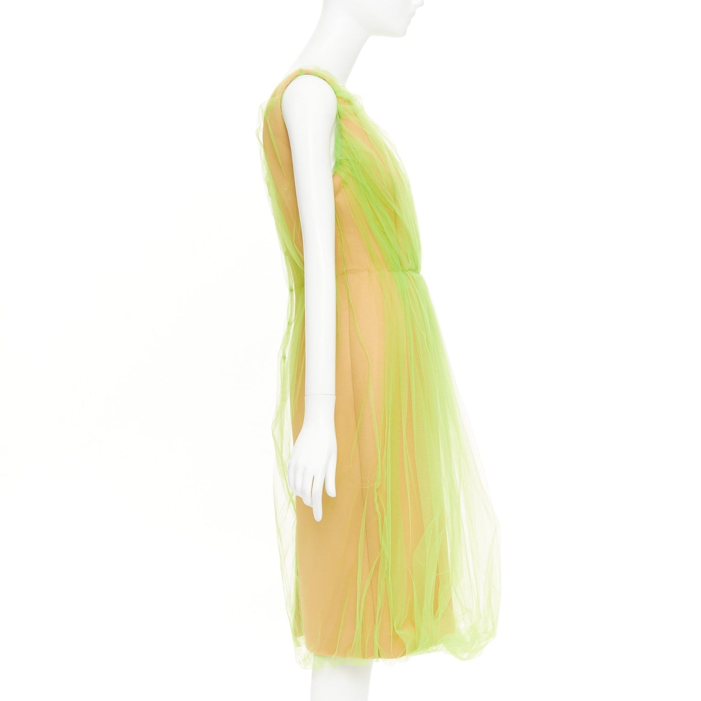 Women's Prada Neon Technical Tulle Overlay V-Neck dress