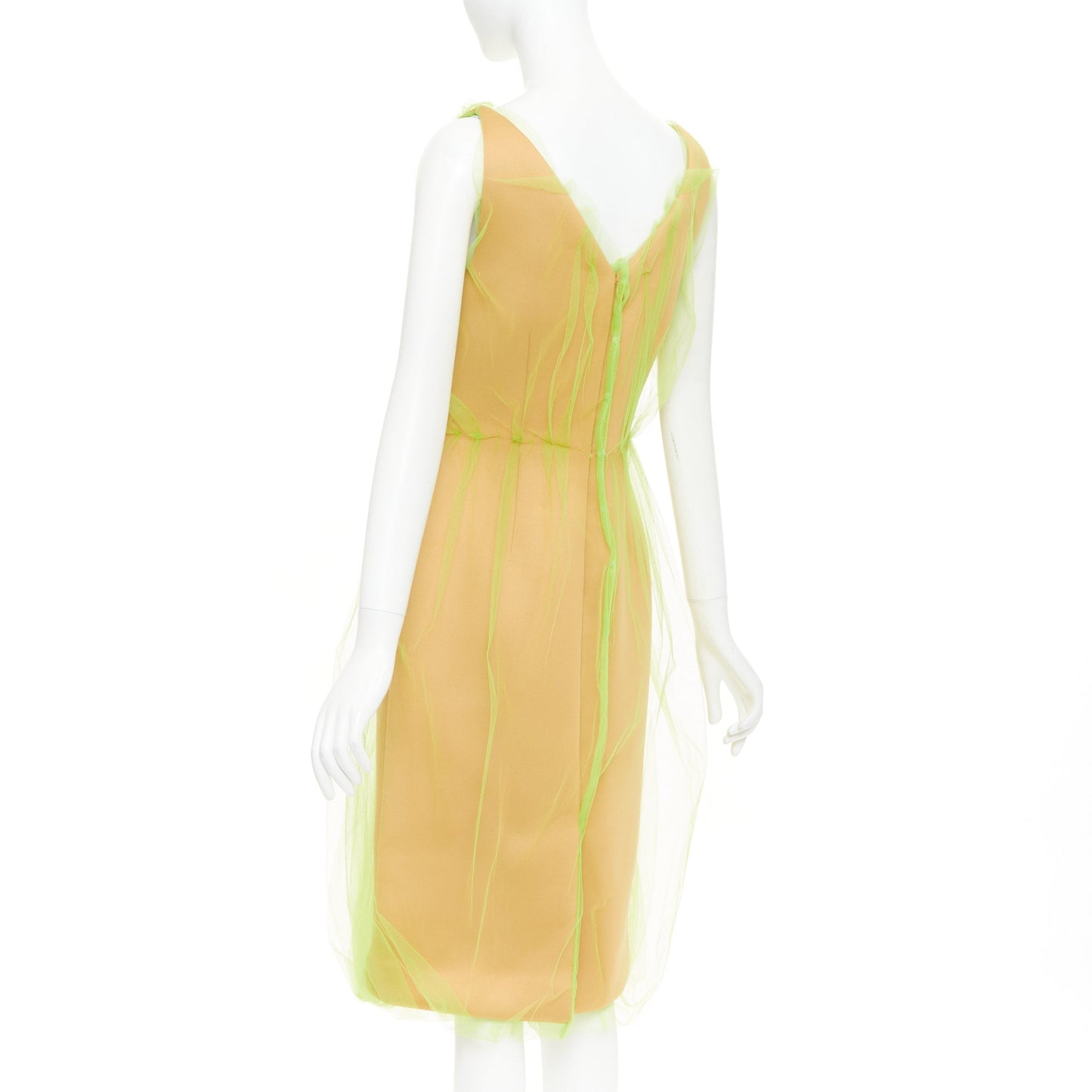 Women's Prada Neon Technical Tulle Overlay V-Neck dress
