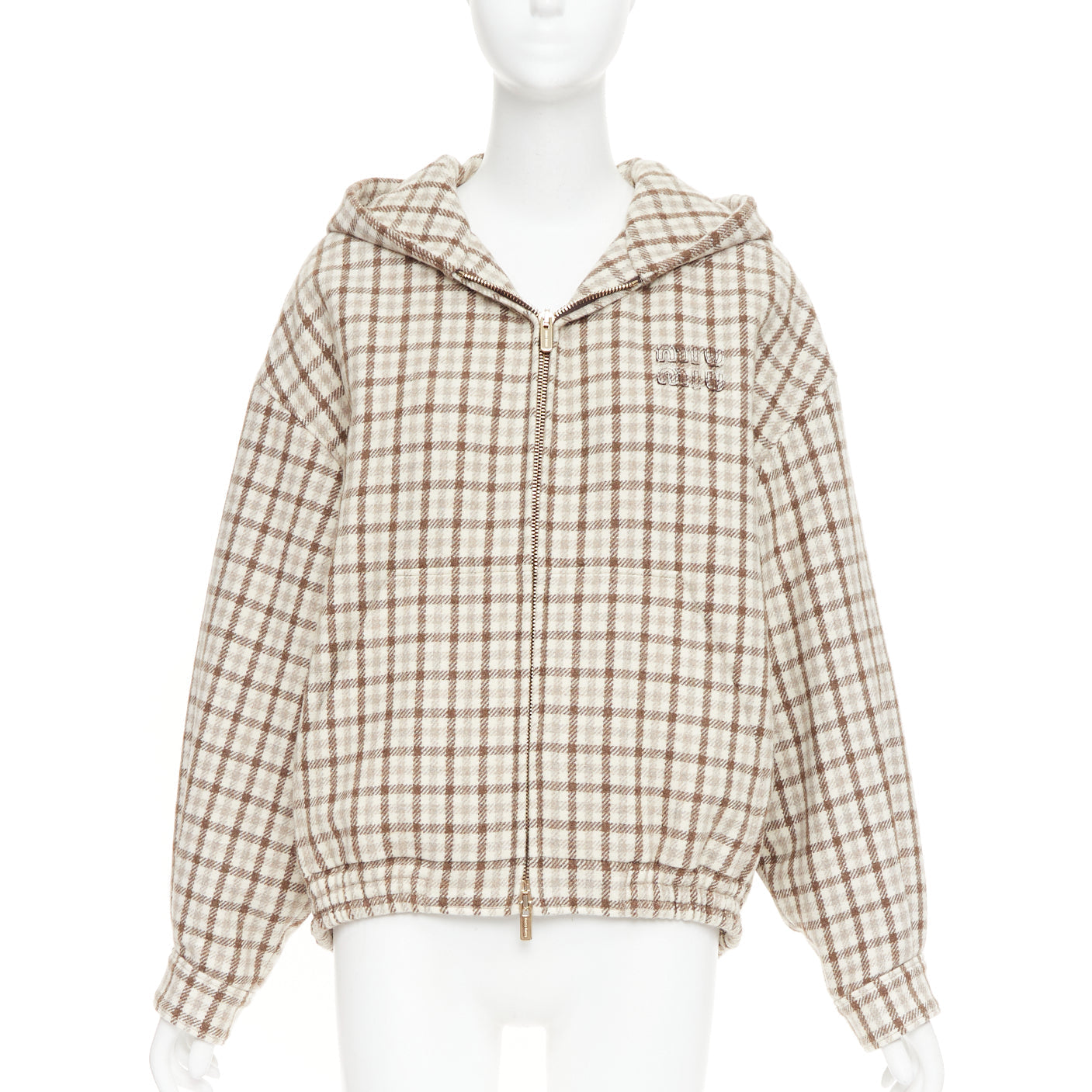 Women's Miu Miu cocoa brown check logo hooded blouson jacket