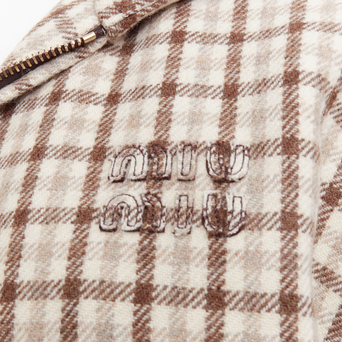 Women's Miu Miu cocoa brown check logo hooded blouson jacket