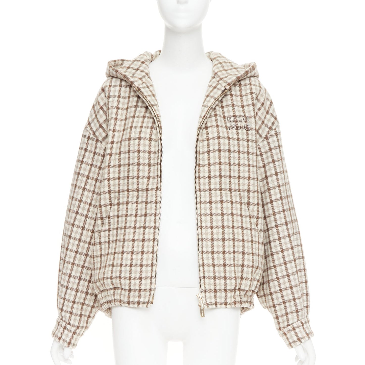 Women's Miu Miu cocoa brown check logo hooded blouson jacket