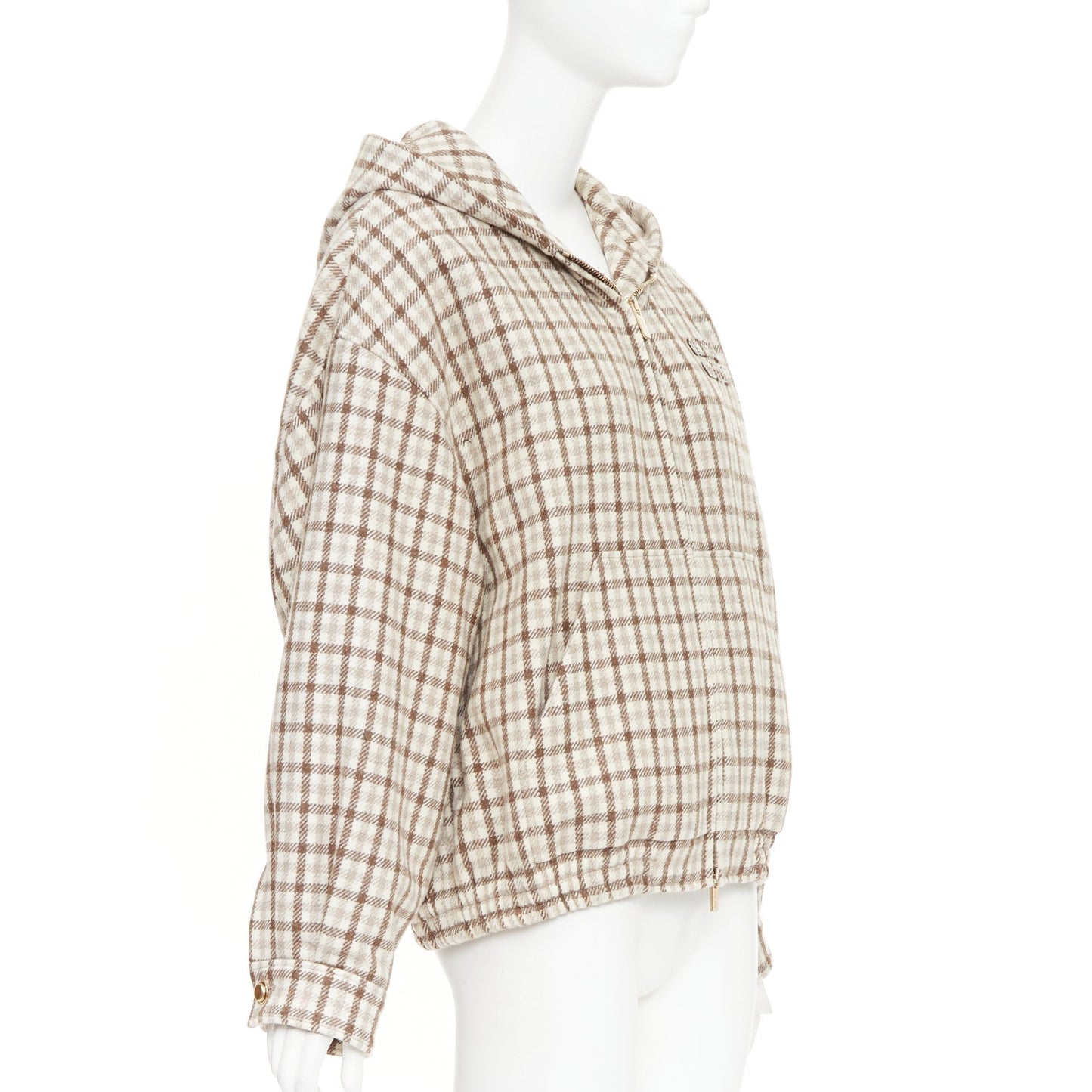 Women's Miu Miu cocoa brown check logo hooded blouson jacket