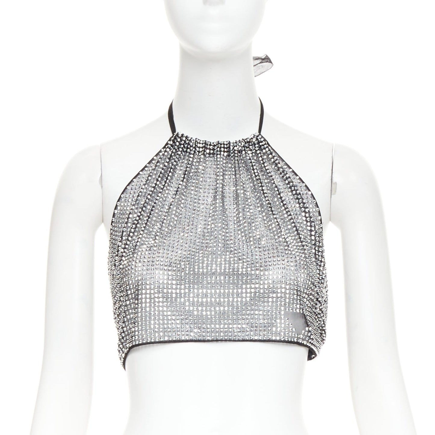 Women's Prada silver crystal rhinestone mesh halter neck crop top