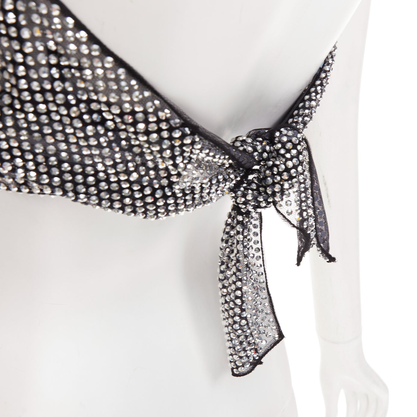 Women's Prada silver crystal rhinestone mesh halter neck crop top