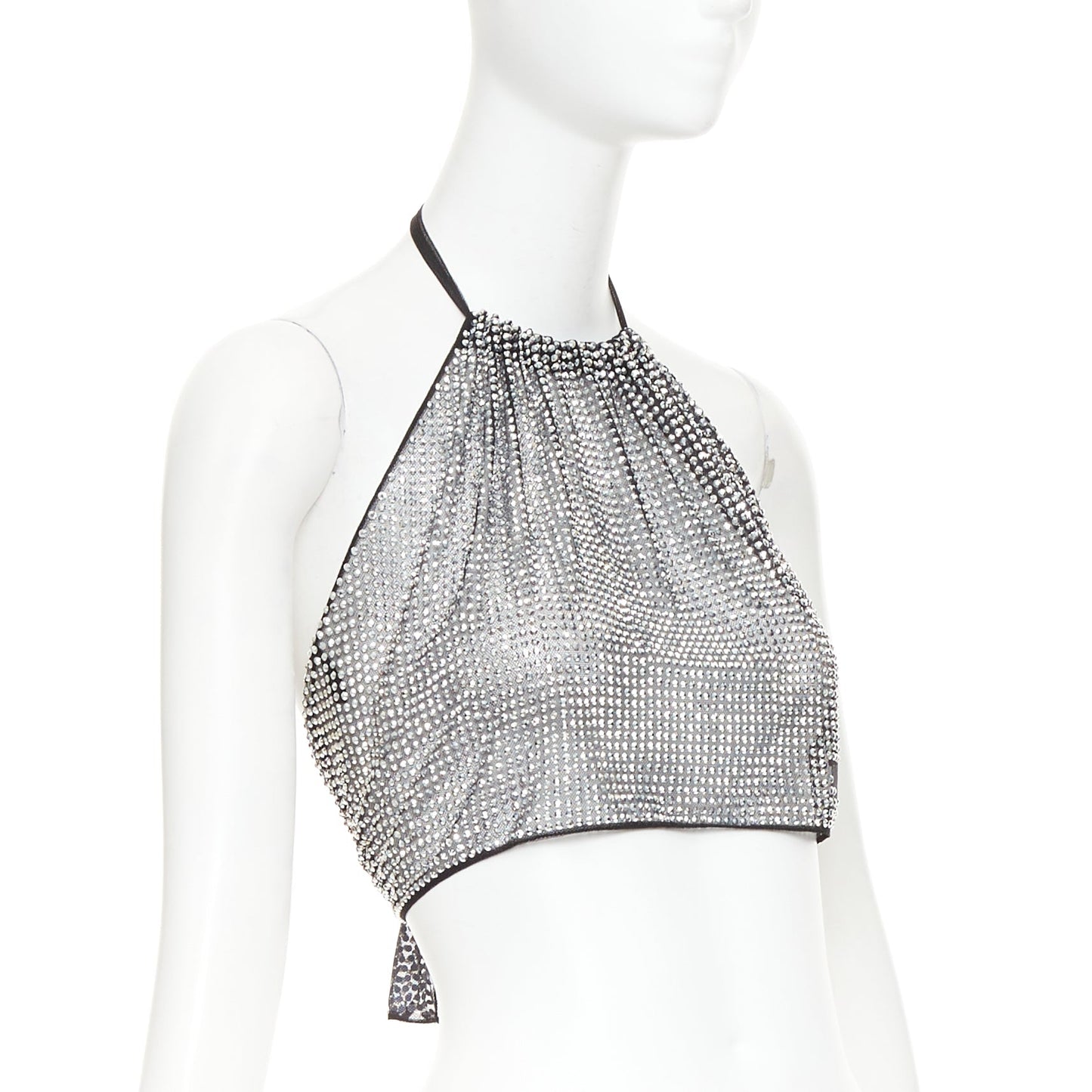 Women's Prada silver crystal rhinestone mesh halter neck crop top