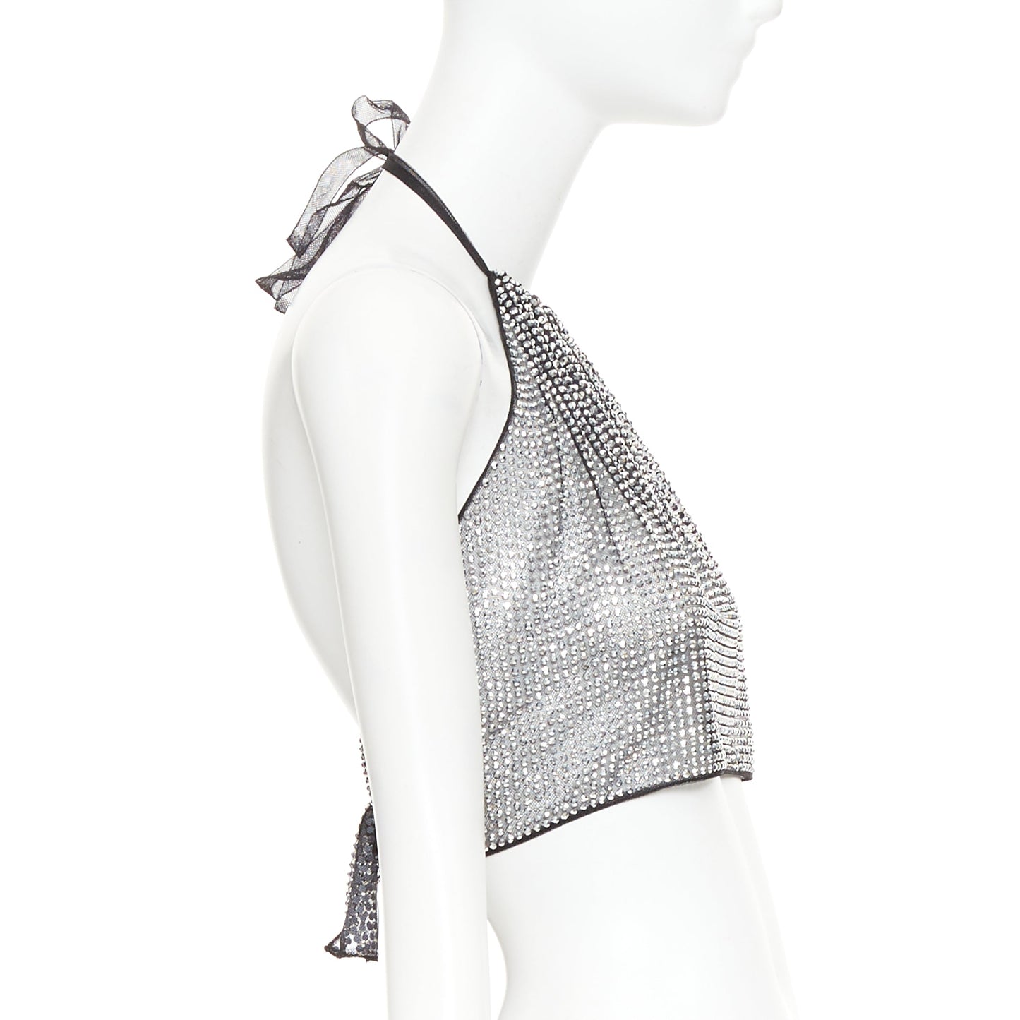 Women's Prada silver crystal rhinestone mesh halter neck crop top