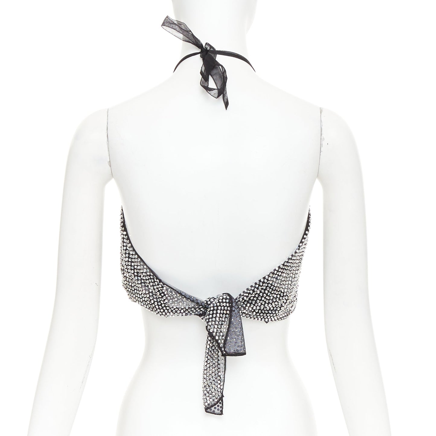 Women's Prada silver crystal rhinestone mesh halter neck crop top