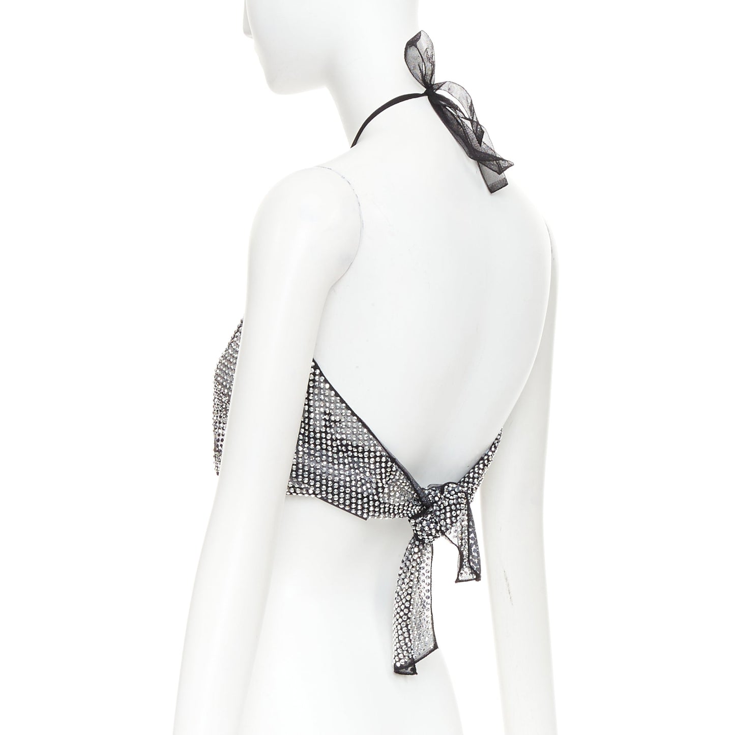 Women's Prada silver crystal rhinestone mesh halter neck crop top