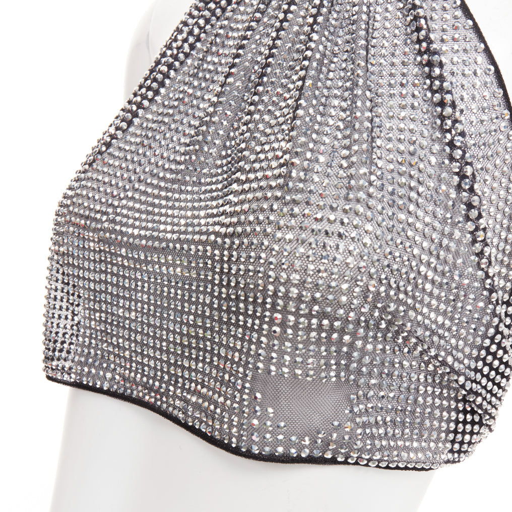 Women's Prada silver crystal rhinestone mesh halter neck crop top
